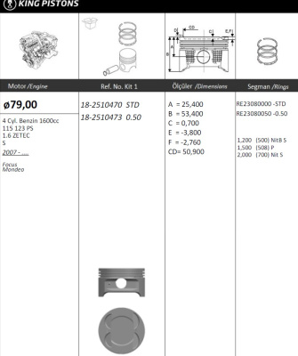 К-т поршней 4 шт. 1.6 ZETEC-S 2007-> d 79.0 STD FOCUS II / C-MAX (к-т 4шт.)