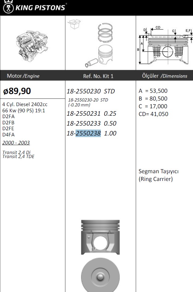 Transit 2.4 TDI V-184 2000-2006 +1,0 без охлаждения (камера 40мм)