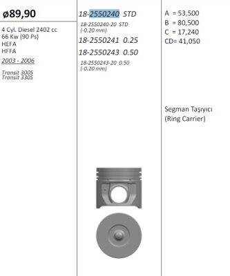 Transit 2.4 TDI V-184 2000-2006 STD камера 40мм без охлаждения (к-т 4шт.)(кольца 2x2x2)