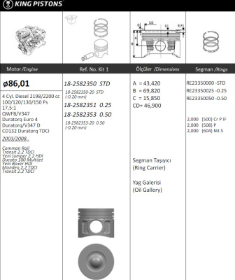 Transit V-347 2.2 TDCI 2006-2011 d 86.0 +0.5 с охлаждением (длина 69,82 мм) (камера 47 мм) (к-т 4 шт)