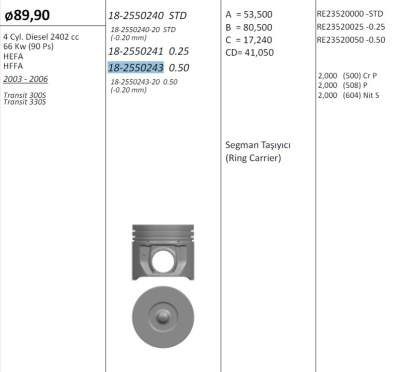Transit 2.4 TDI V-184 2000-2006 +0,5 камера 40мм без охлаждения (кольца 2x2x2) (к-т 4 шт.)